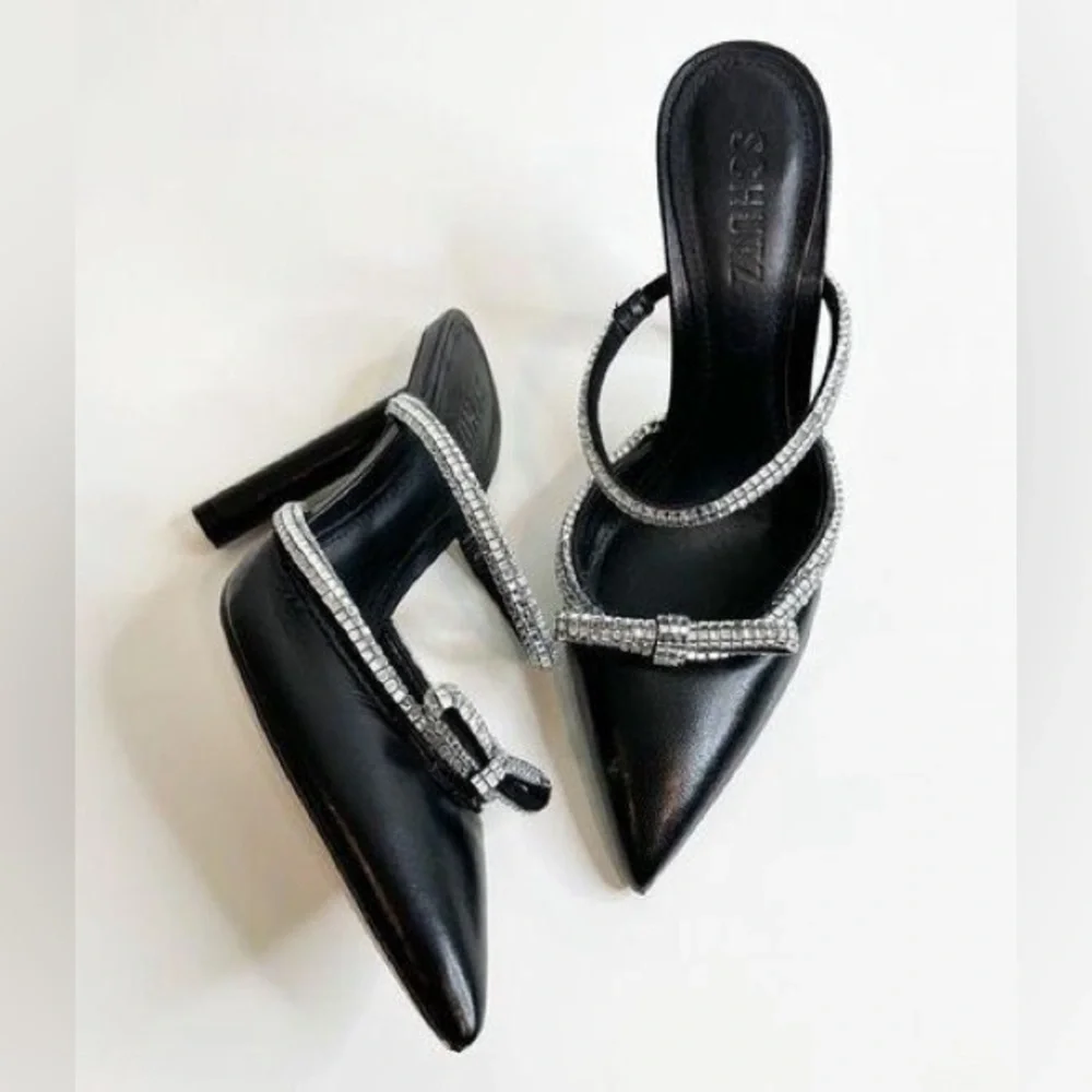 SCHUTZ Avril Crystal Trim‎ Leather Rhinestones Stilettos Heels size 7.5